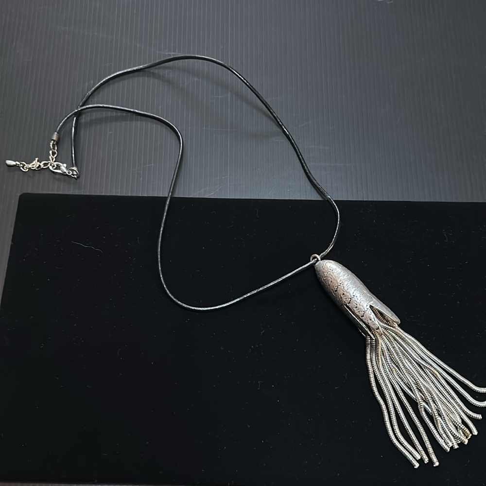 Black leather cord with Silver Dangle Pendant Necklace